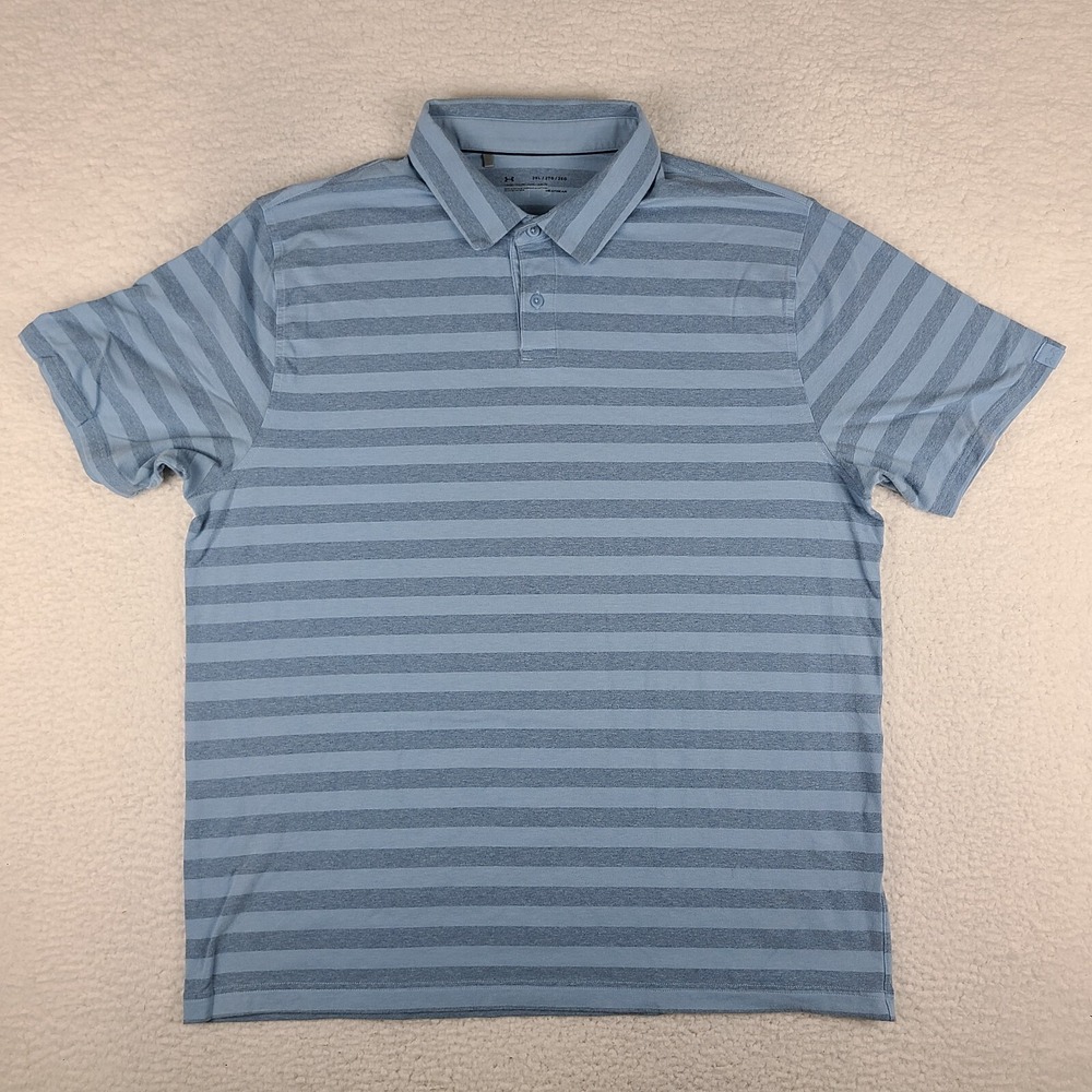 Under Armour Polo Shirt‎ Mens 2XL XXL Blue Striped Performance Loose Heatgear